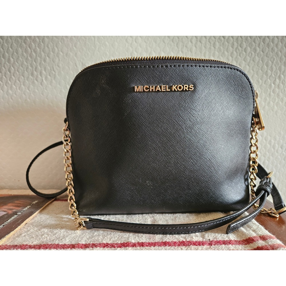 Michael Kors Cindy Dome Crossbody Bag Black Saffiano Leather Gold Chain Strap
